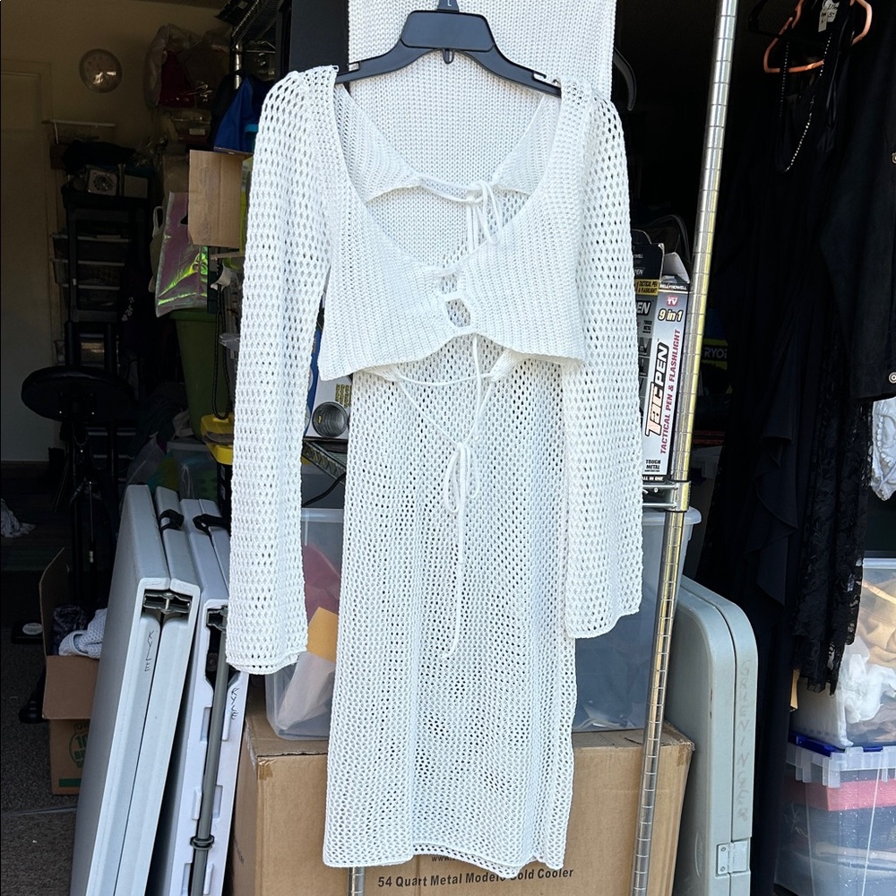 White Crochet Tie-Front Long Sleeve Maxi Dress